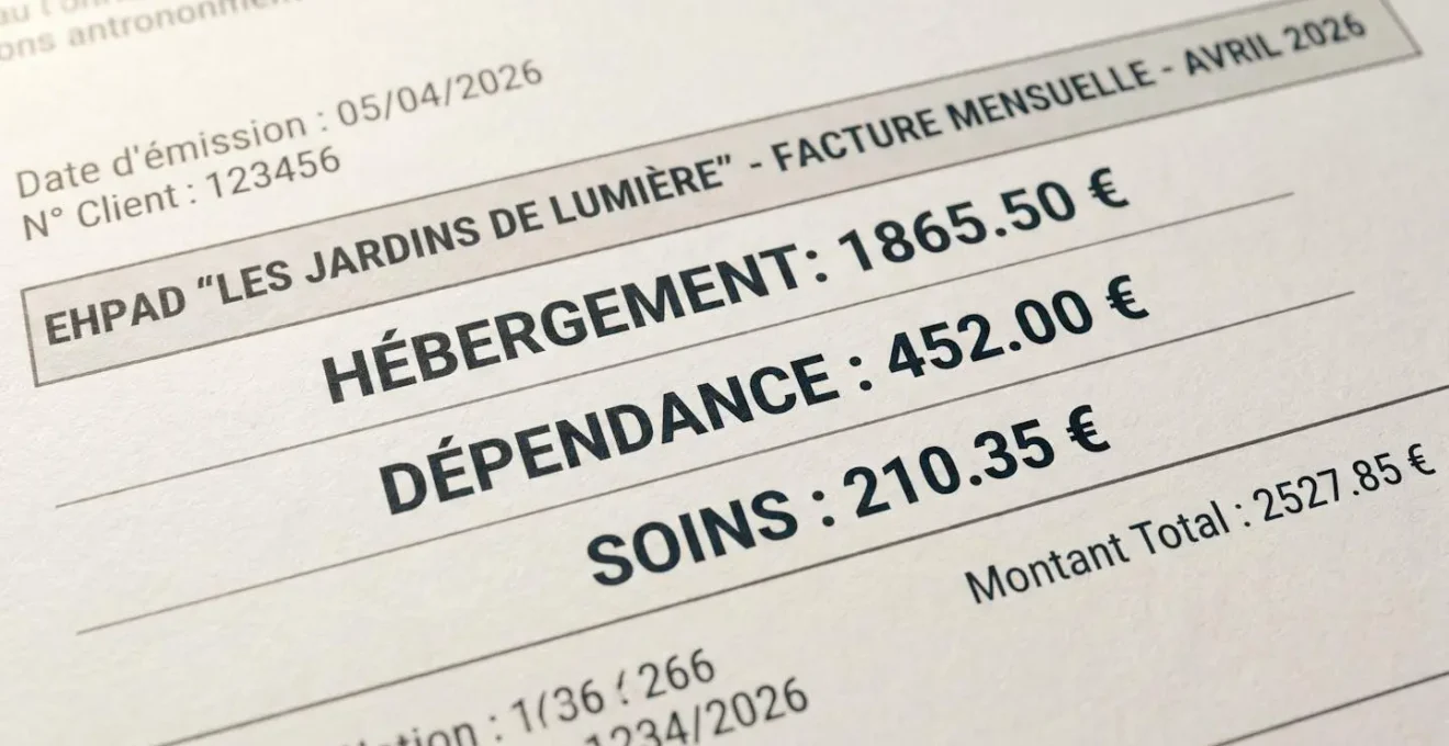 Gros plan sur un document de facturation mensuelle EHPAD présentant trois lignes tarifaires distinctes pour hébergement, dépendance et soins, posé sur une surface blanche contemporaine avec éclairage naturel latéral