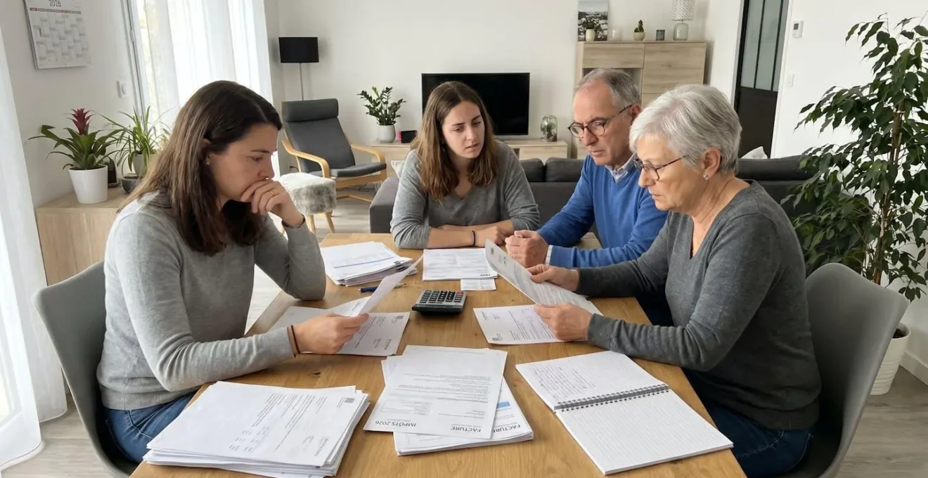 Une famille réunie autour d'une table de salle à manger avec des documents administratifs étalés, une calculatrice et un carnet de notes, dans un intérieur contemporain éclairé par la lumière naturelle d'une fenêtre