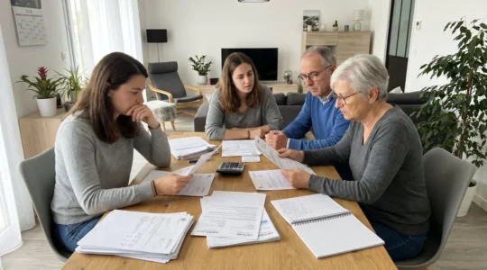Une famille réunie autour d'une table de salle à manger avec des documents administratifs étalés, une calculatrice et un carnet de notes, dans un intérieur contemporain éclairé par la lumière naturelle d'une fenêtre