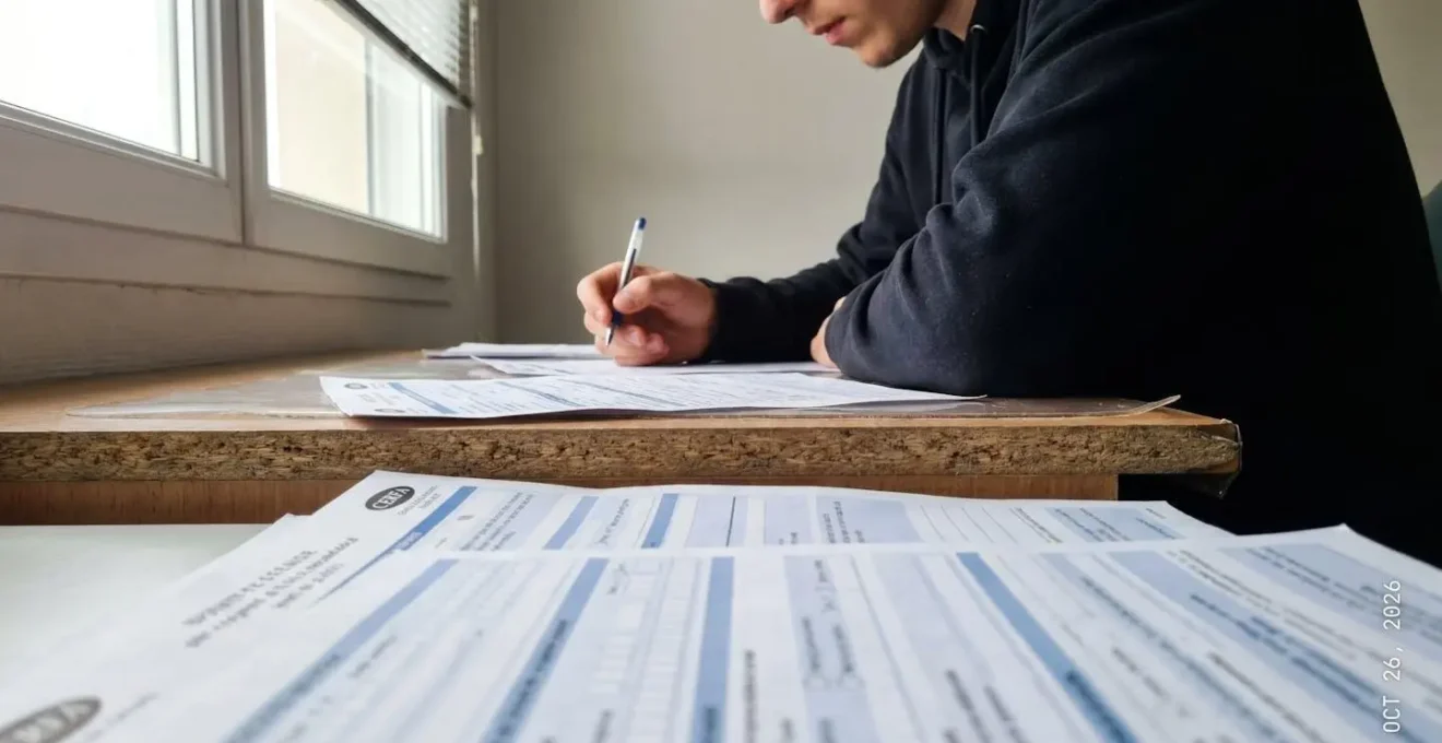 Une personne vue de dos assise à un bureau simple en train de remplir des formulaires administratifs français, plusieurs documents CERFA étalés, stylo en main, dans un bureau à domicile contemporain éclairé par une fenêtre