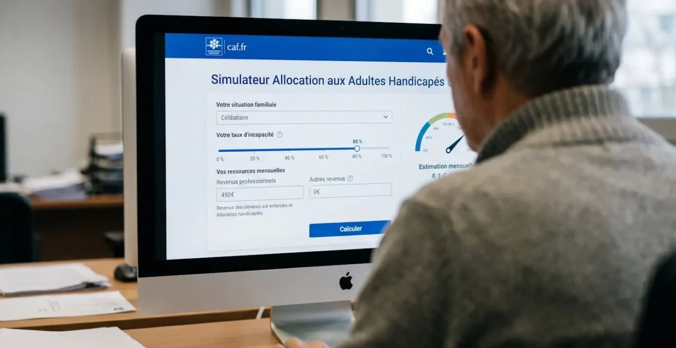 Écran d'ordinateur affichant le simulateur officiel AAH du site caf.fr avec champs de saisie et interface en français, vue par-dessus l'épaule d'un utilisateur