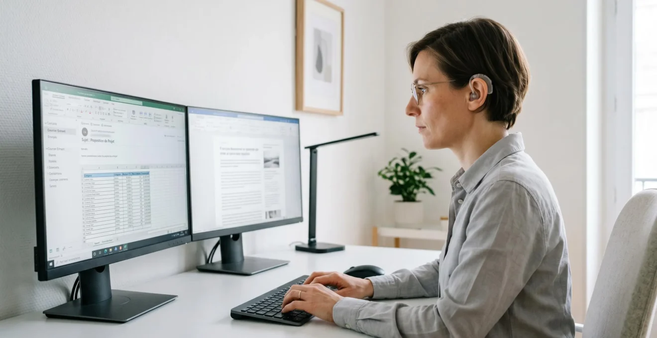 Femme portant prothèse auditive en télétravail devant double écran dans bureau à domicile lumineux et organisé, posture naturelle de concentration