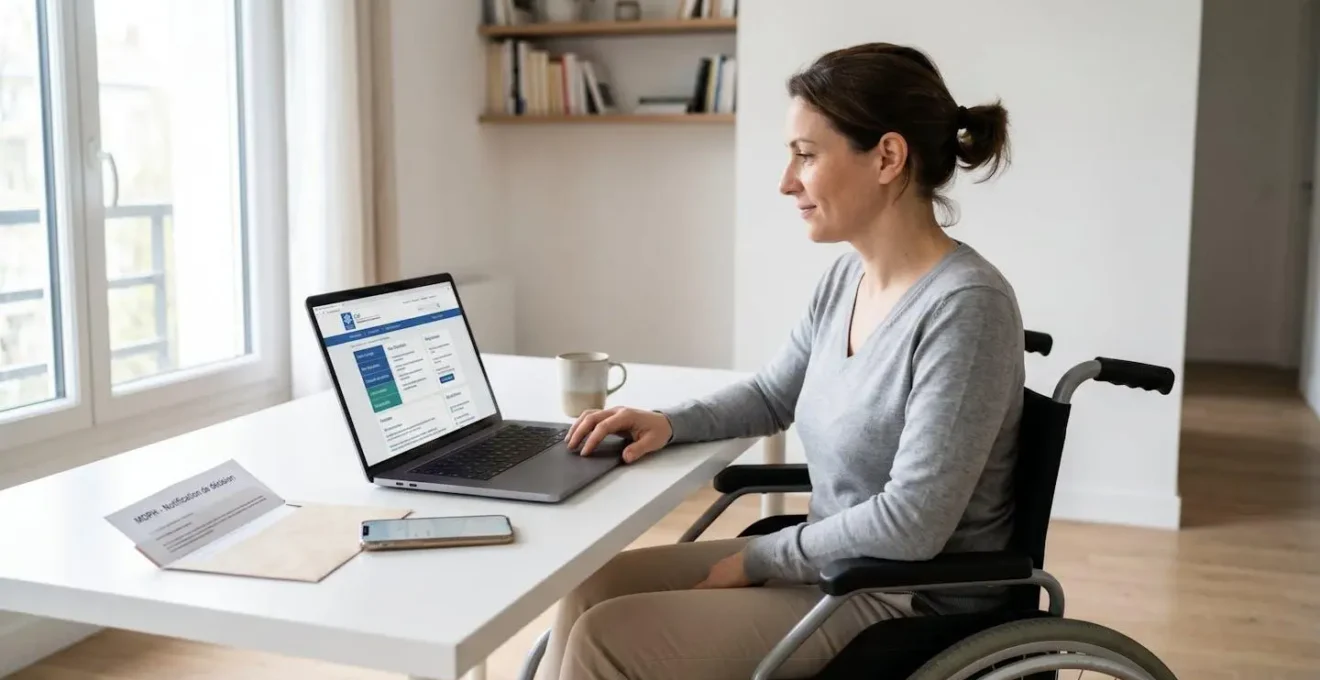 Personne en fauteuil roulant consultant l'espace personnel CAF sur ordinateur portable dans un salon contemporain lumineux avec documents administratifs MDPH sur le bureau