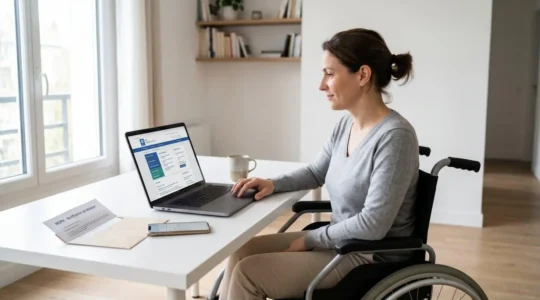 Personne en fauteuil roulant consultant l'espace personnel CAF sur ordinateur portable dans un salon contemporain lumineux avec documents administratifs MDPH sur le bureau